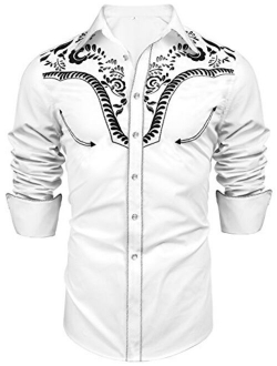 Daupanzees Men's Long Sleeve Embroidered Shirts Slim Fit Casual Button Down Shirt