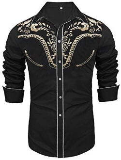 Daupanzees Men's Long Sleeve Embroidered Shirts Slim Fit Casual Button Down Shirt