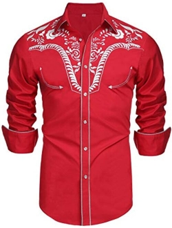 Daupanzees Men's Long Sleeve Embroidered Shirts Slim Fit Casual Button Down Shirt