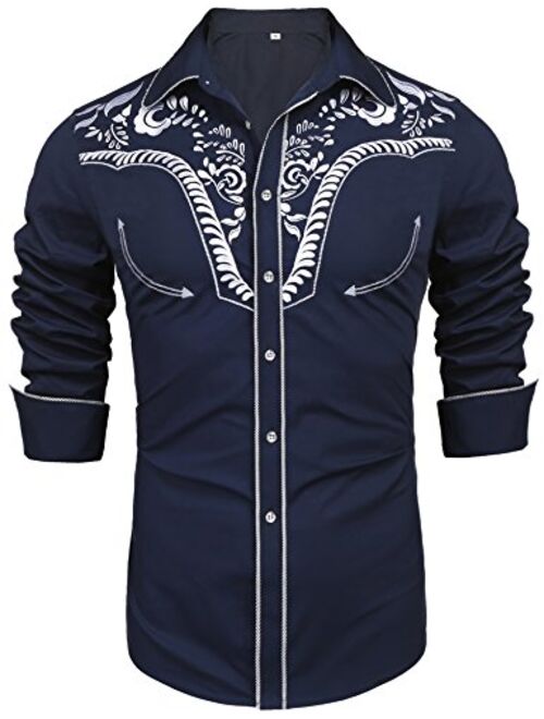 Daupanzees Men's Long Sleeve Embroidered Shirts Slim Fit Casual Button Down Shirt