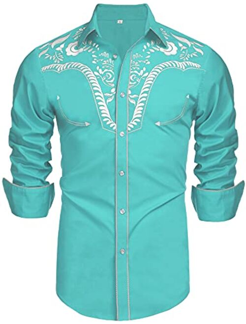 Daupanzees Men's Long Sleeve Embroidered Shirts Slim Fit Casual Button Down Shirt