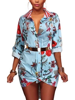 Women Shirt Collar Buttom Down Long Sleeves Printed Shirts Tops Shirt Dress