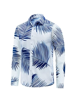 EUOW Mens Hawaiian Shirts Floral Printed Casual Long Sleeve Button Down Beach Dress Shirts