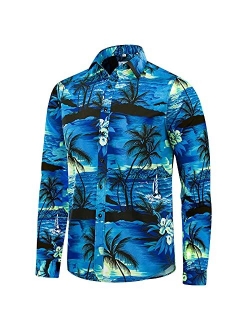 EUOW Mens Hawaiian Shirts Floral Printed Casual Long Sleeve Button Down Beach Dress Shirts