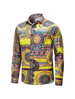 EUOW Mens Hawaiian Shirts Floral Printed Casual Long Sleeve Button Down Beach Dress Shirts