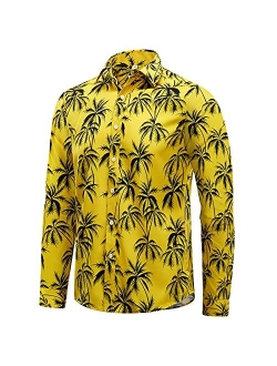 EUOW Mens Hawaiian Shirts Floral Printed Casual Long Sleeve Button Down Beach Dress Shirts