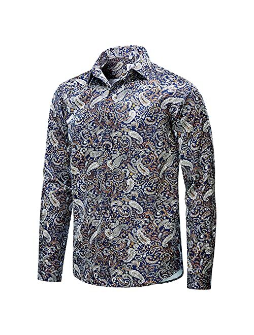 EUOW Mens Hawaiian Shirts Floral Printed Casual Long Sleeve Button Down Beach Dress Shirts