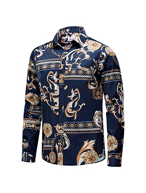 EUOW Mens Hawaiian Shirts Floral Printed Casual Long Sleeve Button Down Beach Dress Shirts