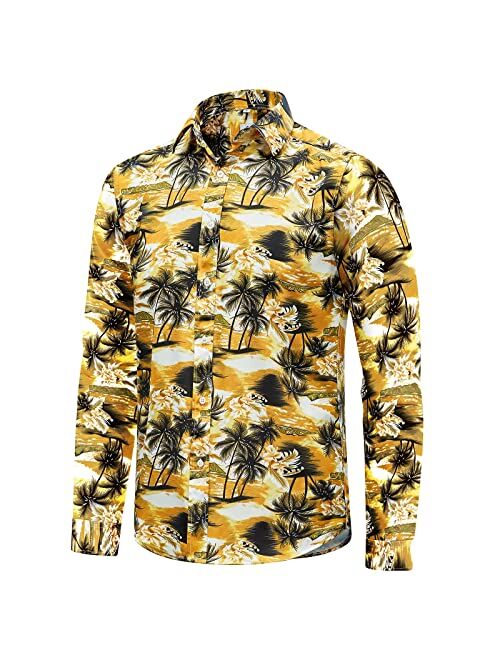 EUOW Mens Hawaiian Shirts Floral Printed Casual Long Sleeve Button Down Beach Dress Shirts