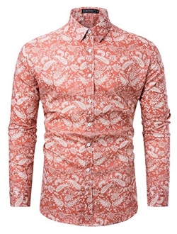 TUNEVUSE Men Floral Dress Shirts Long Sleeve Casual Button Down Flower Printed Shirts 100% Cotton