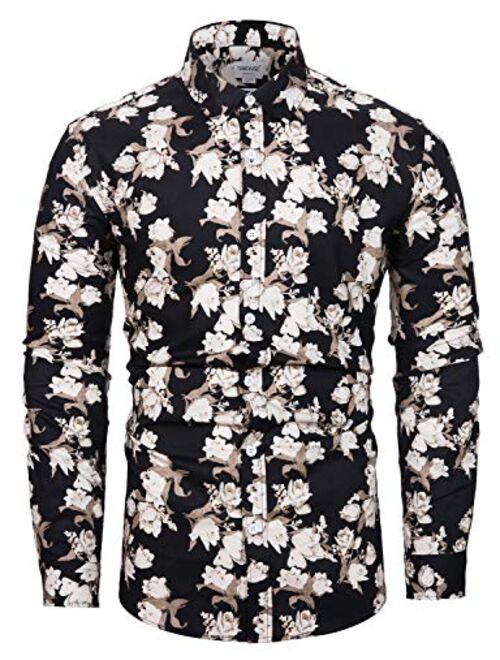 TUNEVUSE Men Floral Dress Shirts Long Sleeve Casual Button Down Flower Printed Shirts 100% Cotton