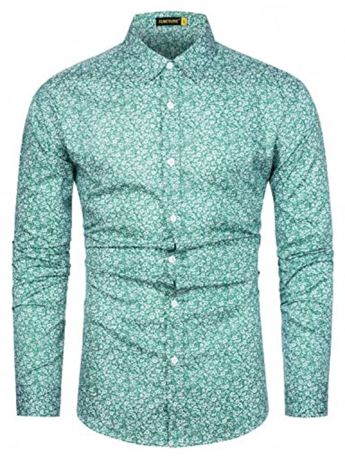 TUNEVUSE Men Floral Dress Shirts Long Sleeve Casual Button Down Flower Printed Shirts 100% Cotton