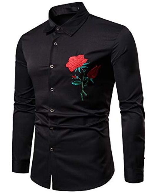 ZEROYAA Mens Hipster Embroidery Design Slim Fit Long Sleeve Button Down Dress Shirts