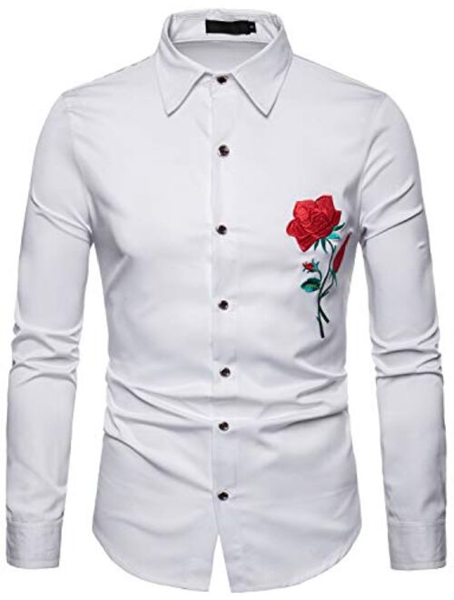 ZEROYAA Mens Hipster Embroidery Design Slim Fit Long Sleeve Button Down Dress Shirts