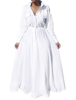 Women's Pleated Long Sleeve Party Cocktail Long Maxi Button Down White Shirt A-line Dress Plus Size Pockets Front