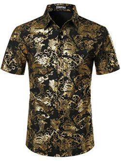 Men's Luxury Paisley Shiny Printed Slim Fit Short Sleeve Button Up Dress Shirt