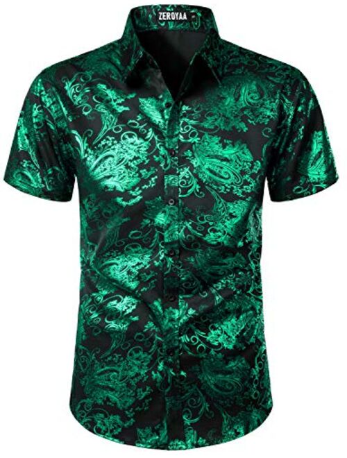 ZEROYAA Men's Luxury Paisley Shiny Printed Slim Fit Short Sleeve Button Up Dress Shirt