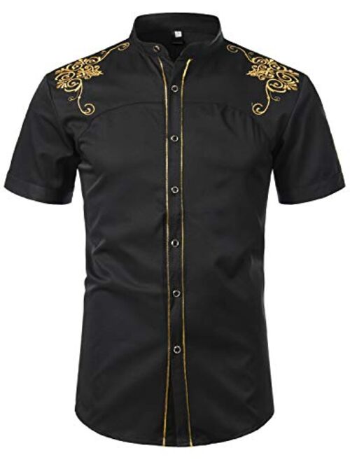 ZEROYAA Mens Hipster Gold Embroidery Mandarin Collar Slim Fit Short Sleeve Casual Dress Shirts