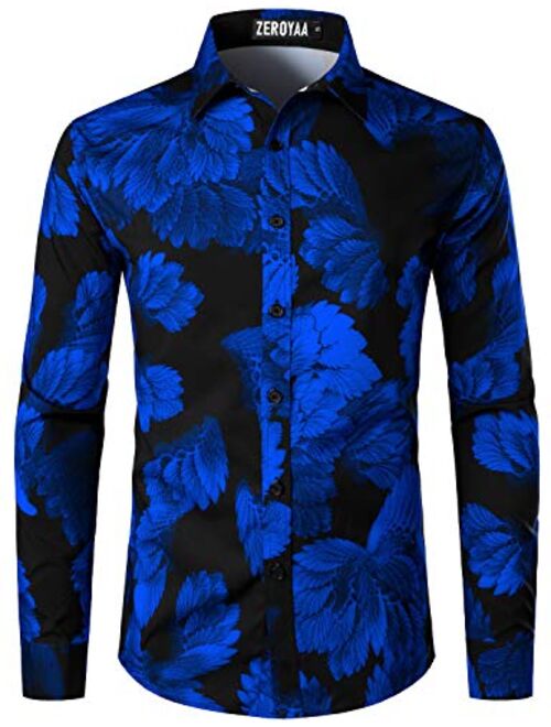 ZEROYAA Men's Hipster Urban Design Polyester 3D Printed Slim Fit Long Sleeve Button Up Dress Shirts