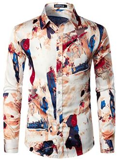 Men's Hipster Printed Slim Fit Long Sleeve Button Up Satin Dress Shirts