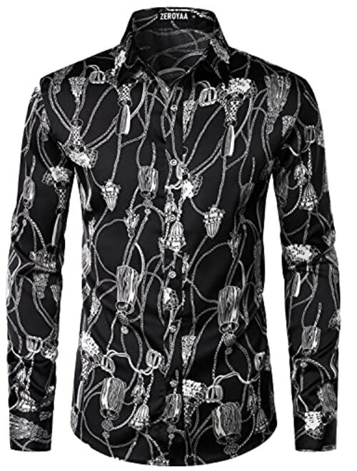 ZEROYAA Men's Hipster Printed Slim Fit Long Sleeve Button Up Satin Dress Shirts