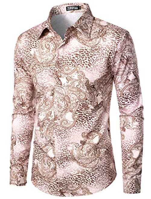 ZEROYAA Men's Hipster Printed Polyester Slim Fit Long Sleeve Button Down Floral Dress Shirts