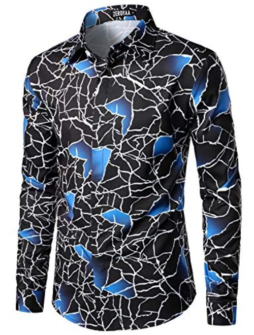 ZEROYAA Men's Hipster Printed Polyester Slim Fit Long Sleeve Button Down Floral Dress Shirts