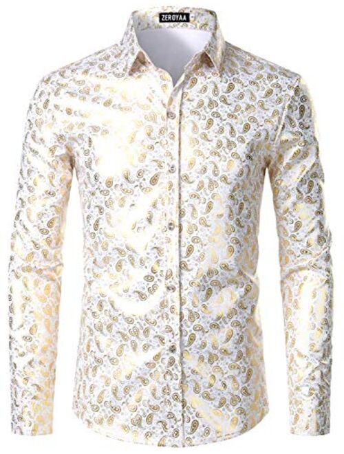 Buy Zeroyaa Mens Party Shiny Gold Paisley Slim Fit Long Sleeve Button Down Dress Shirt Online 5651