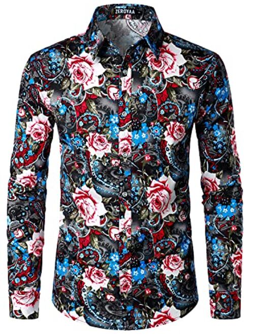 ZEROYAA Men's Hipster Floral Printed Long Sleeve Cotton Casual Button Down Dress Shirt