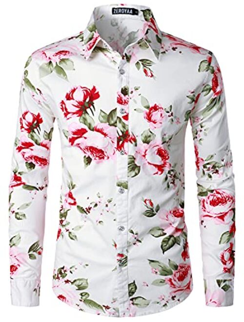 ZEROYAA Men's Hipster Floral Printed Long Sleeve Cotton Casual Button Down Dress Shirt