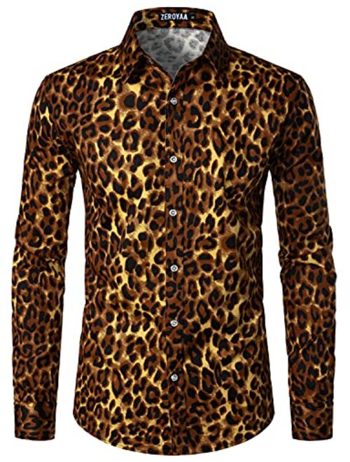 ZEROYAA Men's Hipster Floral Printed Long Sleeve Cotton Casual Button Down Dress Shirt