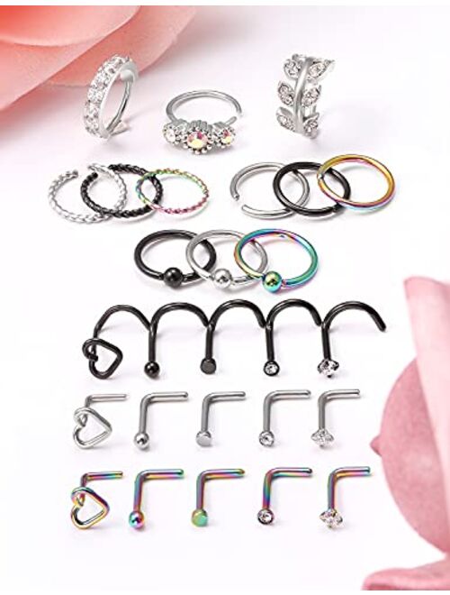 Kridzisw 18G 20G Nose Rings Hoop Stainless Steel L-Shaped Nose Rings Studs Screw Clear Clicker Retainer Tragus Cartilage Helix Earrings Piercing Hoop 36pcs