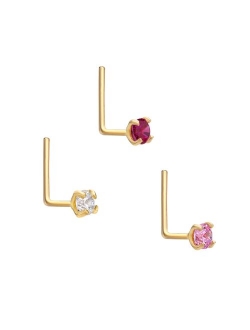 Lila Moon 14k Gold 2 mm Pink Cubic Zirconia L-Shape Nose Stud Set