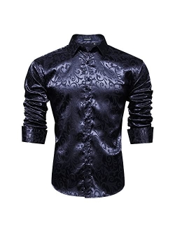 Men's Shiny Satin Dress Shirts Luxury Floral Jacquard Slik Like Long Sleeve Fashion Shirt for Wedding Party Prom