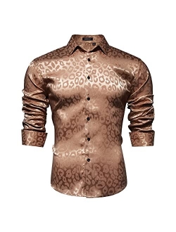 Men's Shiny Satin Dress Shirts Luxury Floral Jacquard Slik Like Long Sleeve Fashion Shirt for Wedding Party Prom