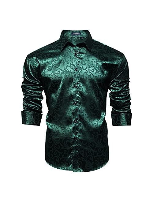 HISDERN Men's Shiny Satin Dress Shirts Luxury Floral Jacquard Slik Like Long Sleeve Fashion Shirt for Wedding Party Prom