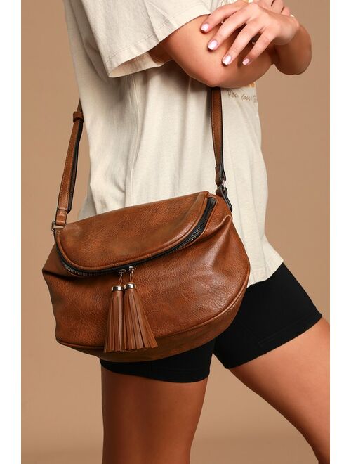 Lulus Let's Ride Cognac Vegan Leather Crossbody Saddle Bag