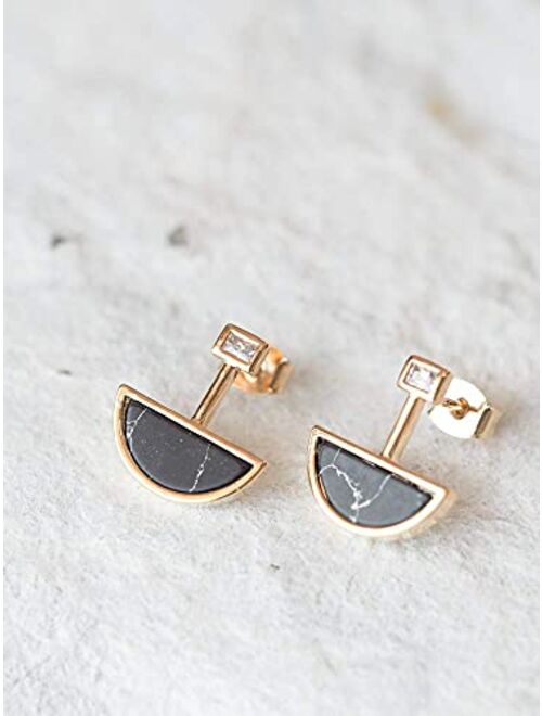 Geometric Black Simulated Howlite Half Moon Post Earrings