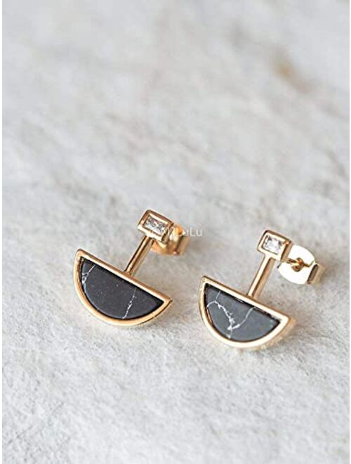 Geometric Black Simulated Howlite Half Moon Post Earrings