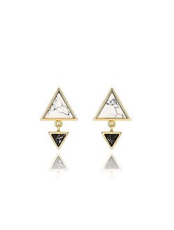 White and Black Simulated Howlite Double Triangle Minimal Dangle Stud Earrings