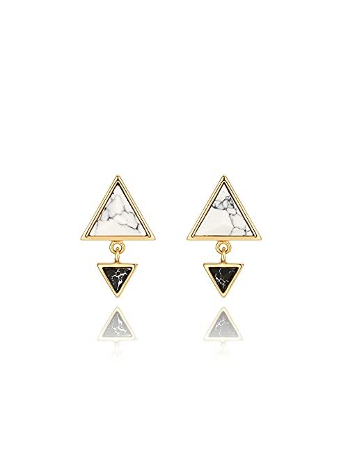 White and Black Simulated Howlite Double Triangle Minimal Dangle Stud Earrings