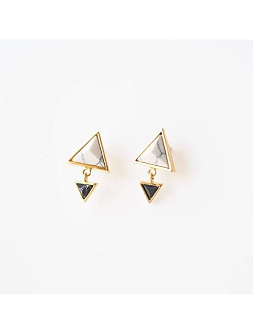 White and Black Simulated Howlite Double Triangle Minimal Dangle Stud Earrings