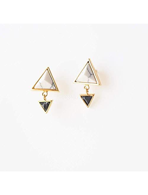 White and Black Simulated Howlite Double Triangle Minimal Dangle Stud Earrings