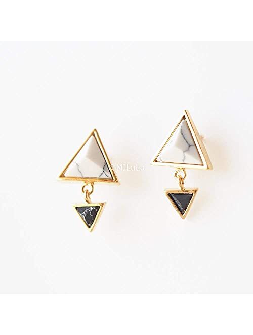 White and Black Simulated Howlite Double Triangle Minimal Dangle Stud Earrings