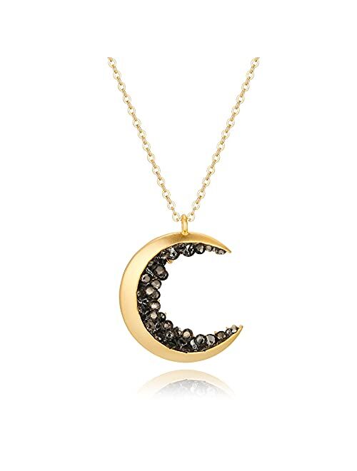 Gold Plated Crescent Moon Encrusted with Black Crystals Jewels Long Necklace