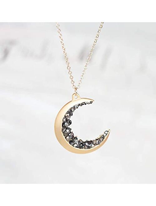 Gold Plated Crescent Moon Encrusted with Black Crystals Jewels Long Necklace