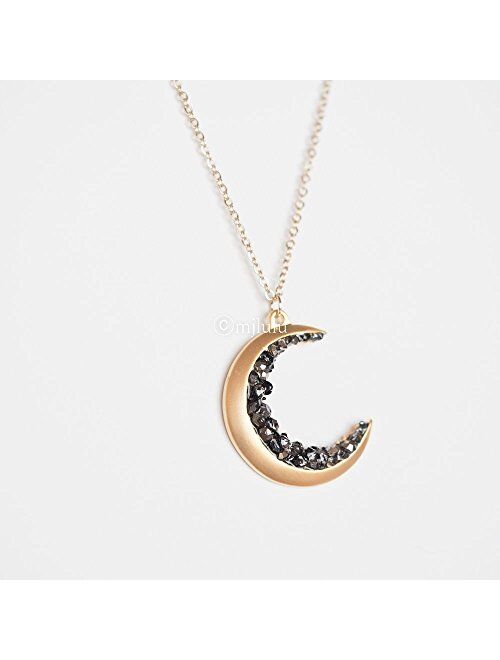 Gold Plated Crescent Moon Encrusted with Black Crystals Jewels Long Necklace