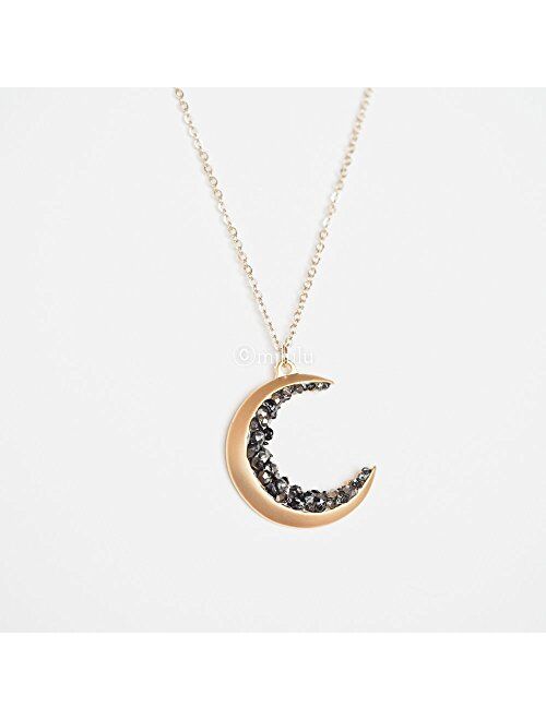 Gold Plated Crescent Moon Encrusted with Black Crystals Jewels Long Necklace