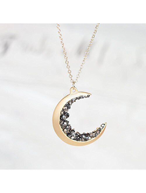 Gold Plated Crescent Moon Encrusted with Black Crystals Jewels Long Necklace