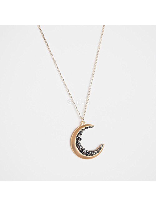 Gold Plated Crescent Moon Encrusted with Black Crystals Jewels Long Necklace